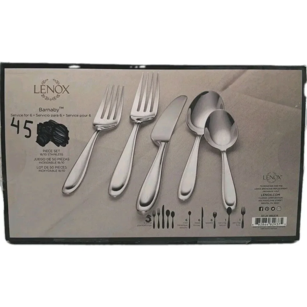 Lenox Barnaby-Cantera 45 Piece Set 18/10 Stainless Serves 5 Flatware NIB Vietnam